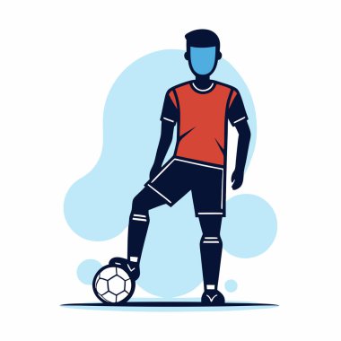 Kırmızı tişörtlü ve siyah şortlu bir futbolcunun ayaklarında bir topla harekete hazır bir şekilde vektör çizimi. Düz, minimalist tasarım sporla ilgili projeler, web siteleri ya da basit ve dinamik bir sunum için mükemmeldir.
