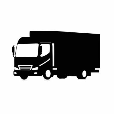 Lojistik, nakliye ve ulaşım kavramları için mükemmel siyah bir siluet teslimat kamyonunun tertemiz, minimalist vektör çizimi. Basit ve modern bir grafiğe ihtiyaç duyan web siteleri, sunumlar ve pazarlama malzemeleri için ideal. Yalnızlar