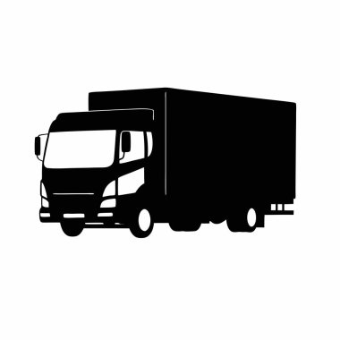 Temiz, minimalist siyah siluet beyaz arka planda izole edilmiş bir teslimat kamyonu. Lojistik, ulaşım ve dağıtım hizmeti tasarımları için mükemmel. Web siteleri, uygulamalar ve pazarlama materyali için ideal bir vektör grafik, simge veya tasarım öğesi