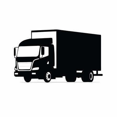 Bir kamyonun siyah silueti. Teslimat, nakliye, lojistik veya ulaşım için ideal. Web siteleri, sunumlar ve kargo teslimatının basit ve etkili bir görüntüsüne ihtiyaç duyan pazarlama materyalleri için mükemmel. Monokrom tasarımı... 