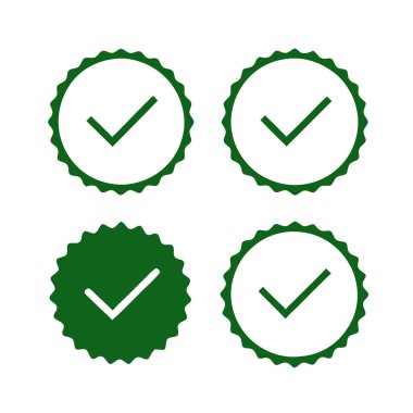 Web tasarımı, sunumlar ve pazarlama materyalleri için mükemmel yeşil işaretli mühür simgeleri. Bu yüksek kaliteli vektör çizimleri onay, doğrulama ve başarıyı temsil ediyor. Tamamlama, doğrulama veya pozitif ücreti belirtmek için ideal