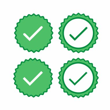 Yeşil işaretli mühür simgelerinin yüksek kalitede tasvir edilmesi onay, kalite garantisi, sertifika ve başarı için mükemmel. Web siteleri, sunumlar ve pazarlama materyalleri için pozitif ve güvenilir görsel el gereksinimi için ideal