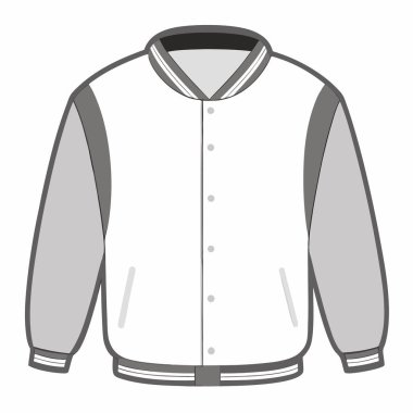 Gri kollu beyaz bir beysbol ceketinin yüksek kalite çizimi. Kıyafet tasarımı, modeller ve sunumlar için mükemmel. Klasik bir okul ceketinde markanızı ya da sanat eserlerinizi sergilemek için özelleştirilebilir tasarım unsuru. Ben...