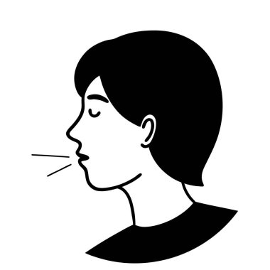 Nefes alıp veren, nefes alıp veren bir kadının yan profili. Sağlık, sağlık ve tıbbi kavramlar için ideal bir minimalist siyah-beyaz vektör çizimi. Simge, grafik tasarımı veya web sitesi kullanımı için uygun basit, temiz tasarım.  