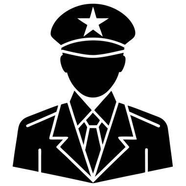 Bir askeri subayı tasvir eden, liderlik, otorite ve güvenliği sembolize eden güçlü, siyah ve beyaz bir vektör ikonu. Askeriyeyle ilgili projeler, web siteleri veya rütbenin ve komutanın güçlü bir görsel temsiline ihtiyaç duyan sunumlar için idealdir. Kusursuz