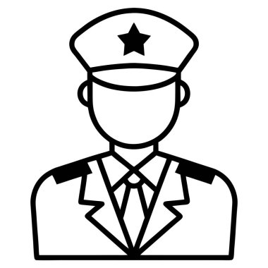 Bir askeri subay ikonunun basit, siyah beyaz vektör çizimi. Askeri temalı tasarımlar, web siteleri veya otoriteyi ve liderliği temsil eden temiz ve profesyonel bir sembol gerektiren sunumlar için mükemmel. Minimalist stil güvence altına alır.