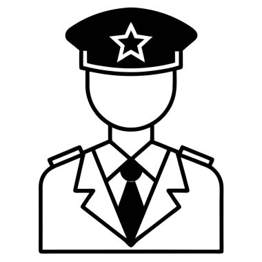 Askeri subay ikonunun basit bir siyah-beyaz vektör çizimi. Minimalist ve profesyonel estetik gerektiren askeri temalı tasarımlar, sunumlar veya web siteleri için mükemmel. İkonda, üniformalı bir polis memurunu tasvir ediliyor.
