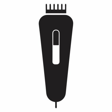 Parlak, minimalist siyah siluet bir elektrikli saç makasının simgesi berber dükkanları, kuaförler, kuaförler, web siteleri ve kişisel bakım ürünleri paketleme için mükemmel. Vektör grafiği basit, modern ve çeşitli uygulamalar için kolayca ölçeklenebilir..