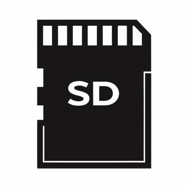 Dijital bellek depolamayı temsil eden güvenli bir dijital (SD) kartı tasvir eden basit, siyah ve beyaz bir simge. Veri depolama, teknoloji, bilgisayar aksesuarları, fotoğrafçılık ve video konseptleri için ideal. Web siteleri ve sunum için mükemmel