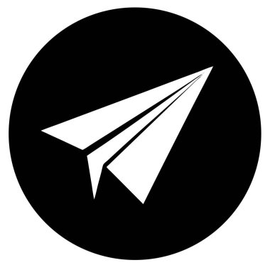 Minimalist kağıt uçak tasarımı içeren parlak siyah daire ikonu. Seyahat, mesajlaşma, hız ve teslimatla ilgili kavramlar için mükemmel. İnternet siteleri, uygulamalar ve markalaşma malzemeleri için ideal. Temiz, modern ve kolayca tanınabilir bir sembol gerekiyor. V