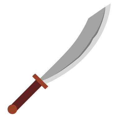Oyun tasarımı, fantezi sanatı, tarihi projeler veya grafik tasarım unsurları için mükemmel kadim kavisli bir kılıcın ayrıntılı bir temsili. İzole edilmiş düz dizaynda kahverengi ve gri bir metal bıçak ve temiz beyaz bir sırt kaplaması var.
