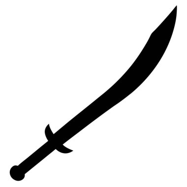 Kavisli bir kılıcın siyah silueti, oyun tasarımı, tarihi çizimler veya fantezi projeleri için mükemmel. Bu vektör grafiği, beyaz bir arkaplan üzerinde, simge veya sembol olarak kullanmak için ideal, ayrıntılı ve izole bir kılıçtır. Yüksek kalite, temiz. 