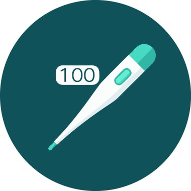 Bir dijital termometre koyu bir deniz mavisi zemininde yüksek ateş ölçümü (100? F / 38? C) gösterir. Net, düz tasarım grafiği, hastalığın ve sıcaklık monitinin önemini gösteren tıbbi web siteleri, sağlık uygulamaları veya sunumlar için idealdir.