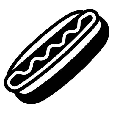 Lezzetli bir sosisli sandviçin hardallı basit siyah beyaz vektör ikonu grafiği. Restoran menüleri, yemek blogları ya da klasik fast food resimlerine ihtiyaç duyan her tasarım için mükemmel. Bu klip kolayca ölçeklenebilir ve monokrom için idealdir.