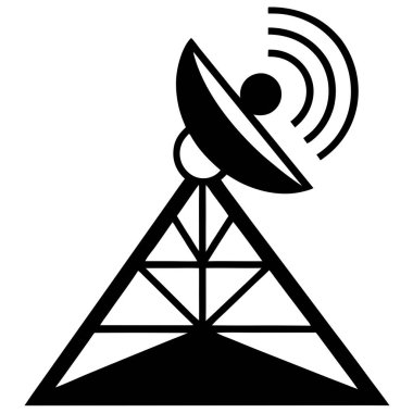 Üçgen iletişim kulesinin tepesine yerleştirilmiş büyük bir uydu anteni. Bu resim modern telekomünikasyon, küresel bağlantı ve gelişmiş kablosuz teknoloji altyapısını temsil etmektedir. Veri iletimi ve sinyal rece kavramları için ideal
