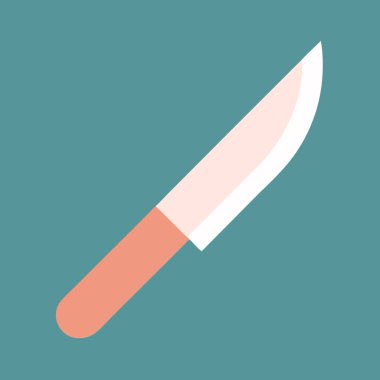 Basit, minimalist bir mutfak bıçağını tasvir eden temiz, modern bir vektör ikonu. Tasarımda keskin bir bıçak ve turuncu ve deniz mavisi sapı var. Temiz bir arkaplan üzerine kurulmuş. Yemek pişirme uygulamaları, web siteleri ya da yemek tarifi blogları için ideal.