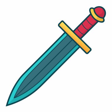 Kaprisli bir çizgi roman hançeri, altın aksanlı kırmızı ve deniz mavisi, oyun varlıkları, fantezi çizimleri ya da kaprisli tasarımlar için mükemmel. Kolay kullanım için beyaz bir arkaplanda izole edilmiş. Vektör biçimi düzgün ve ölçeklenebilir grafikler sağlar. Çocuk kitapları için ideal.