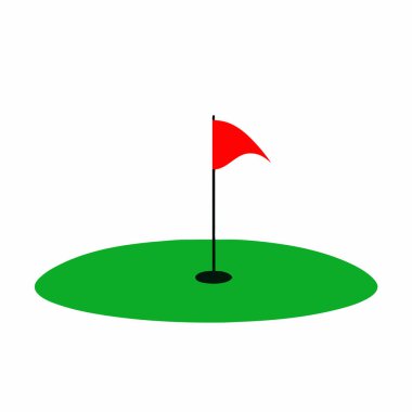 Yeşil pistte kırmızı bayrak taşıyan bir golf deliğini tasvir eden basit, minimalist bir vektör ikonu. İnternet siteleri, uygulamalar ya da golf, spor, eğlence ya da turnuvalarla ilgili sunumlar için mükemmel. Beyaz arka planda izole elementlerle temiz, düz bir tasarım.