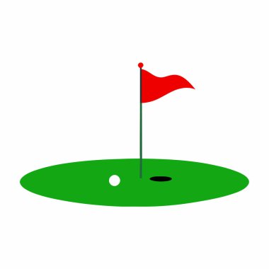 Golf topunu kırmızı bayrağıyla deliğe yakın golf sahasında tasvir eden basit bir vektör çizimi. İnternet siteleri, broşürler ya da golf, spor, boş zaman ve yaz aktiviteleriyle ilgili sunumlar için mükemmel. Temiz tasarım, kolayca ölçeklenebilir..