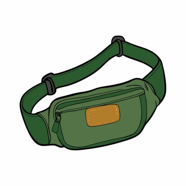 Şık yeşil bez çanta, seyahat veya günlük kullanım için mükemmel. Fermuar kapama ve ayarlanabilir kayış özelliği var. Moda bir kalça çantasının vektör çizimi, sokak kıyafetleri modası için ideal. Dayanıklı tuval malzemesi, detaylı tasarım. Eklemek için harika