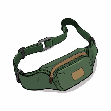 Şık, yeşil bir kalça çantası, seyahat veya günlük giysiler için mükemmel. Ayarlanabilir bir kayış, fermuar kapama ve uygun bir cep. Moda, seyahat ve yaşam tarzı tasarımları için vektör çizimi ideal. Bu moda kemer çantası bir pudra kutusu ve...