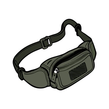 Şık, yeşil bir kalça çantası, seyahat veya günlük kullanım için mükemmel. Ayarlanabilir kayış, fermuar kapama ve geniş cep alanı var. Modern, moda tasarım sokak kıyafetleri veya günlük kıyafetler için uygun. Vektör illüstrasyonu, moda blogları için ideal, 