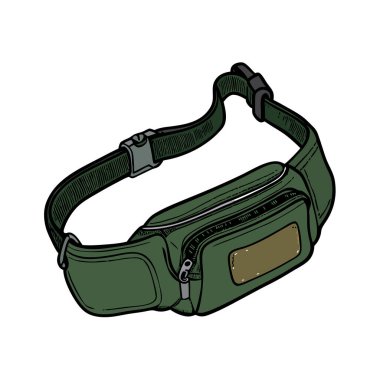 Yeşil bir yelek çantasının el yapımı tasviri. Seyahat, açık hava aktiviteleri veya günlük giysiler için mükemmel. Fermuar kapama ve ayarlanabilir kayış özelliği var. Beyaz bir arka planda, moda, yaşam tarzı ve seyahat için ideal.