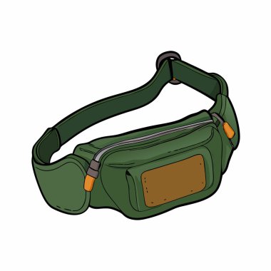 Şık, yeşil bir kalça çantası, seyahat veya günlük kullanım için mükemmel. Ayarlanabilir bir kayış ve fermuar kapama özelliği var. Moda bir sokak giysisi tarzında elle çizilmiş vektör çizimi. Açık hava maceraları ve sıradan geziler için ideal. Küçük harf