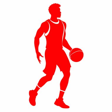 Bir basketbolcunun dinamik kırmızı silueti topu yoğun bir şekilde sallıyor. Spor temalı tasarımlar, web siteleri ve güçlü ve enerjik bir imaja ihtiyaç duyan pazarlama malzemeleri için mükemmel. Yüksek kalite vektör grafiği, re kaybı olmadan kolayca ölçeklenebilir.