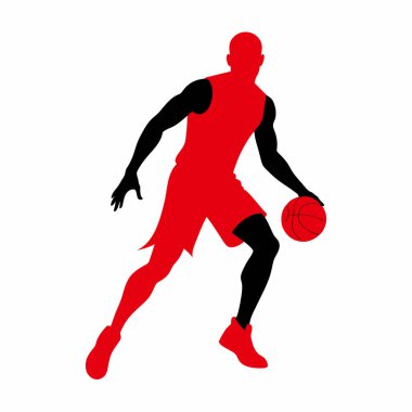 Bir basketbolcunun dinamik silueti salya akıtıyor, yoğun aksiyon ve hareket sergiliyor. Spor temalı tasarımlar, web siteleri ya da güçlü bir görsel malzemeye ihtiyaç duyan pazarlama malzemeleri için mükemmel. Kırmızı ve siyah olarak yüksek enerjili vektör çizimi. İdeal 