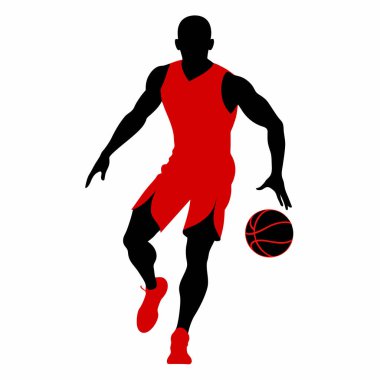 Kırmızı formalı bir basketbolcunun dinamik silueti topu sürüyor. Spor temalı tasarımlar, web siteleri ve pazarlama malzemeleri için mükemmel. Kolay kullanım için şeffaf bir arkaplan üzerinde izole edilmiş yüksek kontrastlı siyah-beyaz vektör çizimi
