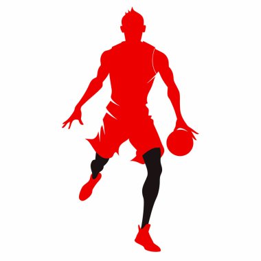 Kırmızı bir basketbolcunun dinamik silueti, spor temalı tasarımlar, logolar ve takım markalaşması için ideal. Enerjiyi, hareketi ve atletizmi yakalar. İnternet siteleri, baskılar ve sosyal medya için mükemmel. Yüksek kaliteli vektör illüstrasyonu.