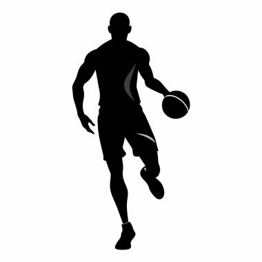 Top süren bir erkek basketbolcunun dinamik silueti. Spor temalı tasarımlar, atletik markalaşma ya da güçlü ve enerjik bir imaja ihtiyaç duyan her proje için mükemmel. Yüksek kontrastlı siyah-beyaz vektör grafiği, kolayca ölçeklenebilir ve düzenlenebilir.