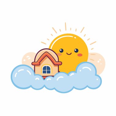 Gülümseyen bir güneşin neşeli bir karikatürü, kabarık bir bulutun içine yerleştirilmiş şirin küçük bir ev. Çocuk kitapları, web siteleri ya da mutlu ve kaprisli bir dokunuşa ihtiyaç duyan her proje için mükemmel. Pastel renkler ve basit tasarım. Bir tutam sw eklemek için ideal