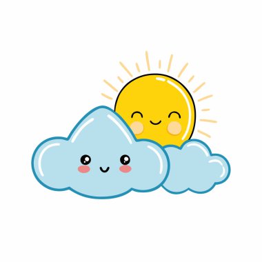 Neşeli çizgi film güneşi, kabarık beyaz bir bulutun arkasından gülümsüyor. Çocuk kitapları, web siteleri ya da parlak, mutlu ve kaprisli bir dokunuşa ihtiyaç duyan her proje için mükemmel. Bu kawaii tarzı illüstrasyon, çeşitli AP 'ler için basit ve eğlenceli bir tasarım içerir.