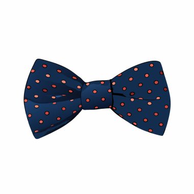 Mercan polka noktalarıyla süslenmiş sofistike bir lacivert papyon, beyaz arka planda vektör çizimi olarak sunuluyor. Moda tasarımı, web siteleri, markalaşma ve davetiyeler için ideal. Bu klasik erkek giyim aksesuarı zarafet katıyor ve...