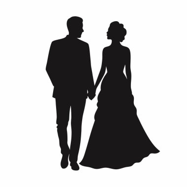 Gelin ve damadın zarif siyah beyaz silueti el ele tutuşuyor. Düğün davetiyeleri, tarihleri kaydetmek, web siteleri ya da minimalist, şık bir dokunuşa ihtiyaç duyan romantik projeler için mükemmel. Yüksek çözünürlüklü vektör çizimi, kolayca ölçeklenebilir 