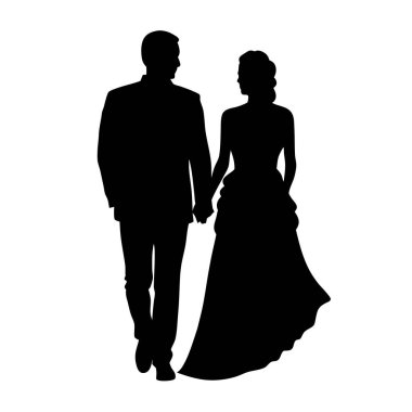 Gelin ve damadın zarif siyah beyaz silueti el ele yürüyorlar. Düğün davetiyeleri, web siteleri ya da romantik tasarımlar için mükemmel. Minimalist vektör grafiği, basit ve sofistike estetik için idealdir. Aşkı yakalar ve...