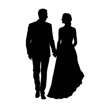 Gelin ve damadın zarif siyah beyaz silueti el ele yürüyorlar. Düğün davetiyeleri, tarihleri kaydetmek ya da romantik tasarımlar için mükemmel. Klasik ve zamansız illüstrasyon, çeşitli tasarım projelerine kolayca adapte edilebilir. Yüksek çözünürlük