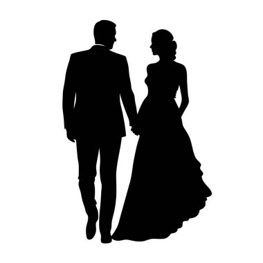 Gelin ve damadın zarif silueti el ele tutuşup uzaklaşarak yeni hayatlarını sembolize ediyor. Düğün davetiyeleri, duyurular ya da romantik tasarımlar için mükemmel. Minimalist siyah-beyaz vektör çizimi, kolayca adapte edilebilir