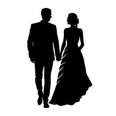 Bir gelin ve damadın zarif siyah ve beyaz silueti el ele tutuşup yürüyor, aşkı, birlikteliği ve sonsuzluğun başlangıcını simgeliyor. Düğün davetiyeleri, web siteleri ya da romantik ve minimalist bir dokunuşa ihtiyaç duyan her proje için mükemmel. Vektör
