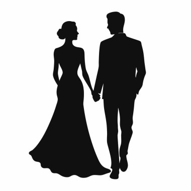 Basit, zarif bir gelin ve damadın el ele yürüme silueti. Düğün davetiyeleri, tarihleri kaydetmek, web siteleri ve diğer romantik projeler için mükemmel. Siyah beyaz minimalist tasarım, çiftin birlik ve bağlılığını vurguluyor. Ve