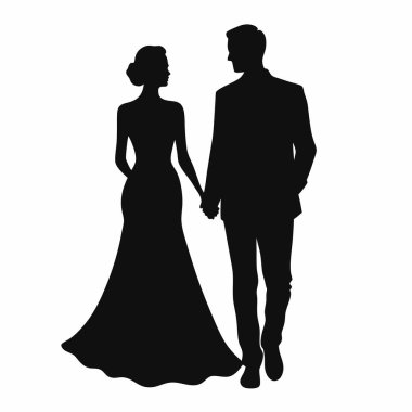 Klasik bir siyah beyaz siluet. Gelin ve damadın el ele tutuşması. Düğün davetiyeleri için, tarihleri kaydetmek için ya da basit, zarif bir aşk ve bağlılık sunumu gerektiren herhangi bir proje için mükemmel. Kolay scalab için yüksek çözünürlüklü vektör grafiği