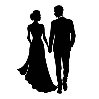 Gelin ve damadın zarif siyah beyaz silueti el ele tutuşuyor. Düğün davetiyeleri için, tarihleri kaydetmek için, web siteleri için ya da romantik ve zamansız bir dokunuşa ihtiyaç duyan her proje için mükemmel. Vektör illüstrasyonu, çeşitli boyutlara göre kolayca ölçeklenebilir. Sembol 
