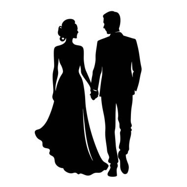 Gelin ve damadın zarif siyah beyaz silueti. El ele tutuşup gün batımına doğru yürüyorlar. Düğün davetiyeleri, tarihleri kaydetmek, web siteleri ve diğer romantik tasarımlar için mükemmel. Minimalist vektör çizimi, modern bir estetik için idealdir