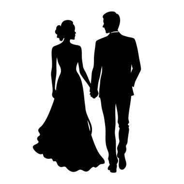 Gelin ve damadın zarif siyah beyaz silueti el ele tutuşup uzaklaşıyor. Düğün davetiyeleri, tarihleri kaydetmek ya da romantik tasarım projeleri için mükemmel. Basit, klasik ve zamansız vektör çizimi. Biraz soph eklemek için ideal.