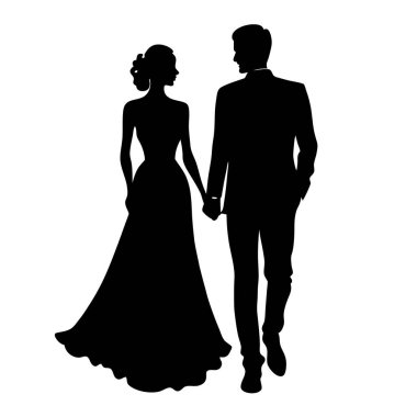 Gelin ve damadın zarif siyah ve beyaz silueti, birlik ve bağlılıklarını sembolize ederek el ele yürüyorlar. Düğün davetiyeleri, tarihleri kaydetmek, web siteleri ve romantik temalı tasarımlar için mükemmel. Yüksek kaliteli vektör illüstrasyonu, kolayca s