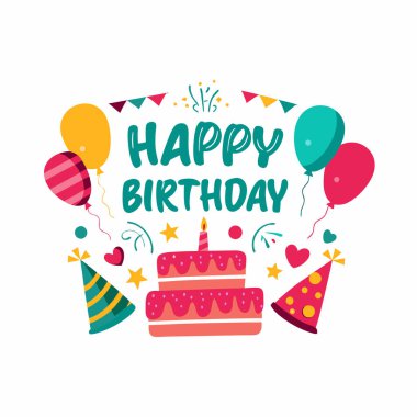 Renkli balonlar, lezzetli bir pasta ve konfeti içeren doğum günü kutlaması vektör illüstrasyonu. Tebrik kartları, davetiyeler, parti dekorasyonları ve web tasarımı için mükemmel. Projelerinize neşeli ve kutlama dokunuşu eklemek için ideal.. 