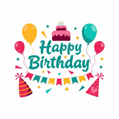 Canlı vektör çizimi doğum günü kartları, davetiyeler ve parti dekorasyonları için mükemmel. Renkli balonlar, lezzetli bir pasta ve neşeli bir konfeti, neşeli ve kutlayıcı bir atmosfer yaratıyor. Dijital ve yazdırma projeleri için ideal.