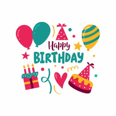Canlı vektör illüstrasyonu doğum günü davetiyeleri, tebrik kartları ve parti dekorasyonları için mükemmel. Renkli balonlar, mumlu lezzetli bir pasta, ve kutlama konfetisi, neşeli ve neşeli bir atmosfer yaratıyor. Eğlence eklemek için ideal